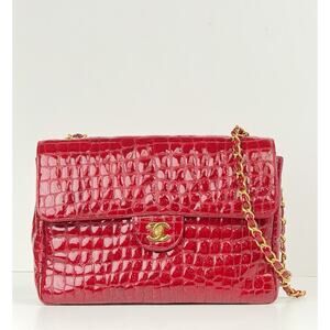Chanel Vintage Patent Embossed Red Leather Flap Bag Maxi